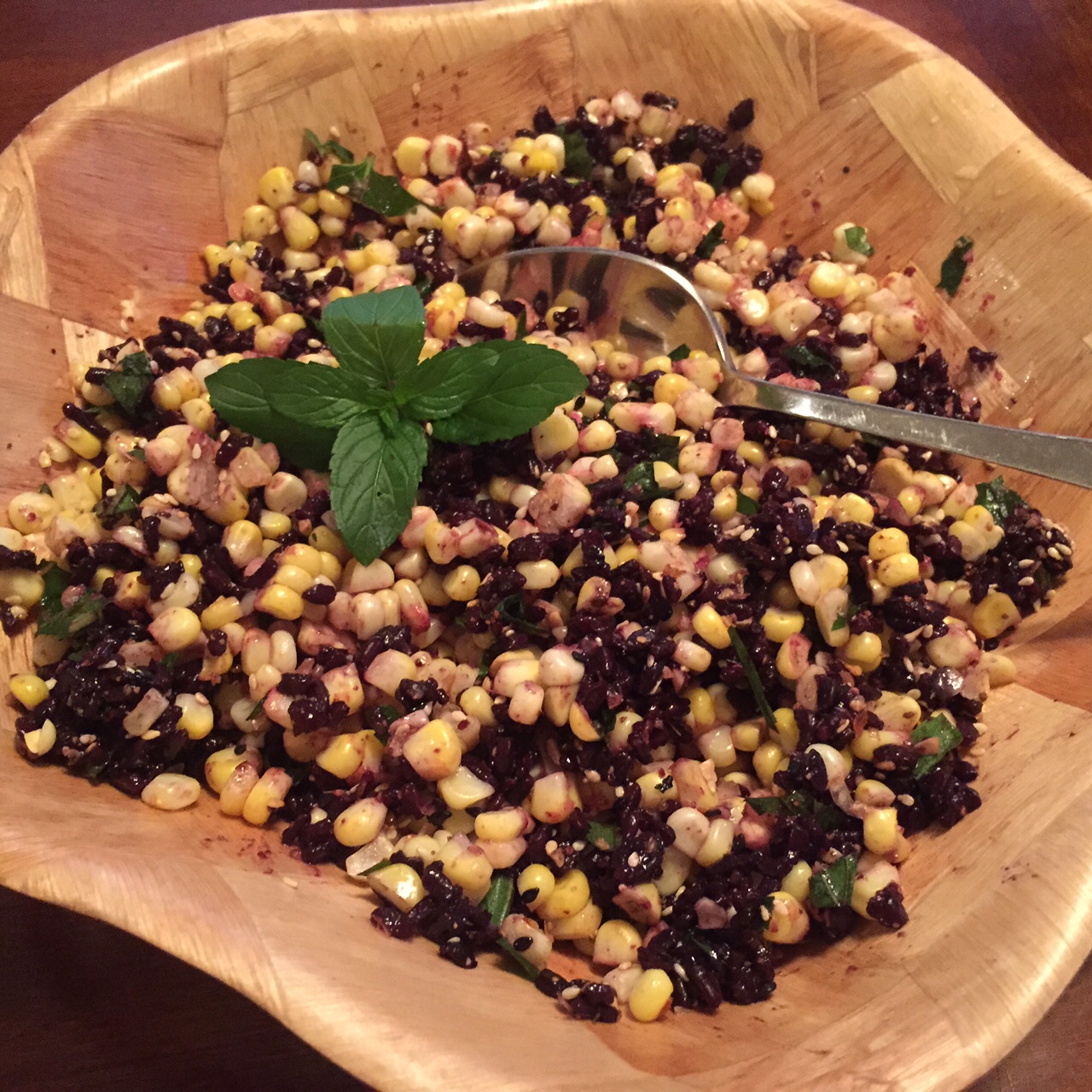 Roasted Corn, Forbidden Rice, and Mint Salad